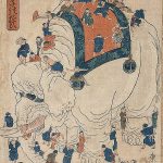 Ukiyo-e print illustration showing masses of children playing over, under, and around an enormous elephant.
