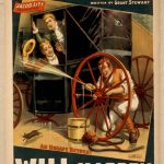 A vintage advertisement for the play 'Mistakes Will Happen' by Jacob Litt. Depicts a scene of a man, crouched behind an old time automobile carriage wheel, spraying a hose through the spokes to scare away a running mouse. Two onlookers cheer him on out of the window of the carriage.