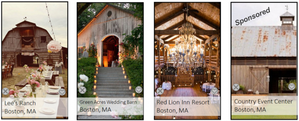 A series of cards demonstrating hero images of 4 different venues with captions inlaid over them identifying their name and location.